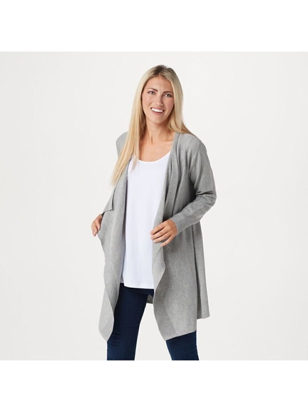 h Halston BNWT Grey Waterfall Cascade Cardigan Sz Small New Open Front